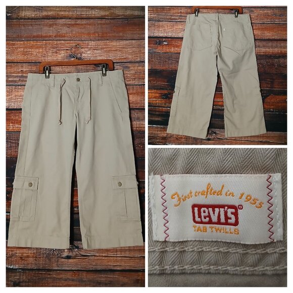 Levi's Cargo Pants Size M Clamdiggers Capri Drawstring 100% Cotton Khaki Tan - Picture 1 of 10